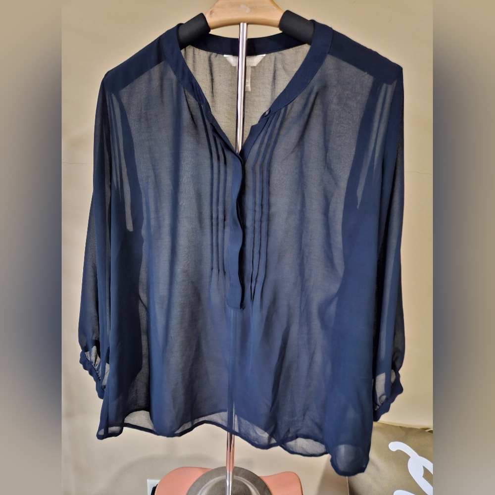 Banana Republic Navy Blue Sheer Pintuck Pleat Blouse - Size Large